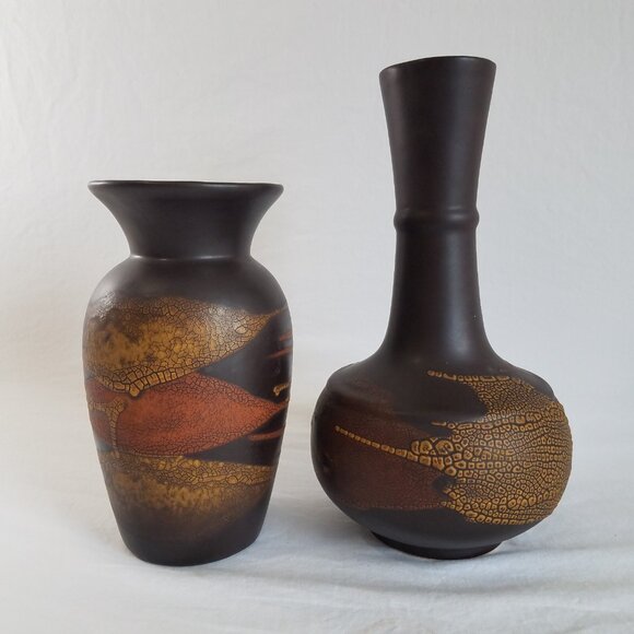 Royal Haeger Pottery Vase Set Brown Earth Wrap Volcanic Lava Orange Peel Glaze - Picture 4 of 15